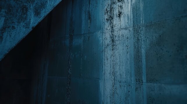 Weathered concrete wall surface features a dark blue lighting and grunge texture creating a cinematic mood, emphasizing urban decay and industrial architecture