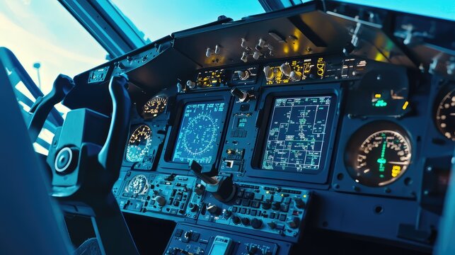 Airplane cockpit featuring an array of advanced digital screens. Gauges. Controls. And yokes. Creating an immersive view of the flight deck and highlighting the complex technology involved in aviation