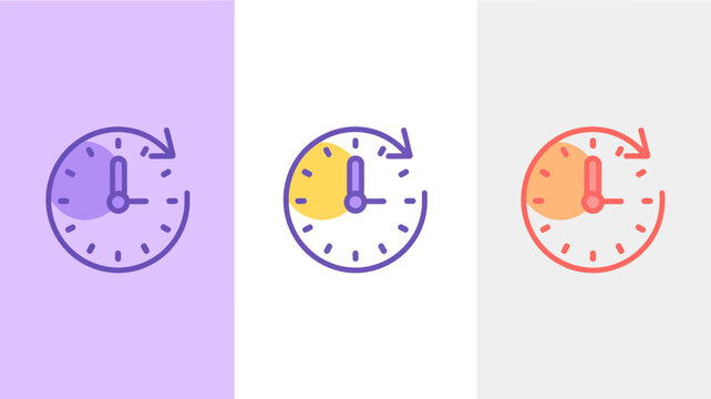 Three colorful clock icons with circular arrows on white and purple backgrounds