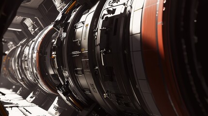 Fototapeta premium Futuristic spacecraft interior with a long, cylindrical engine conduit, showcasing advanced engineering, technology, and intricate metallic structures, illuminated by bright light