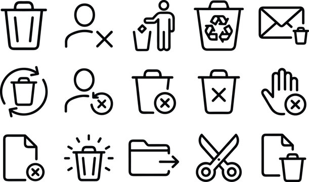 Set of black trash can and delete interface icons for web design
