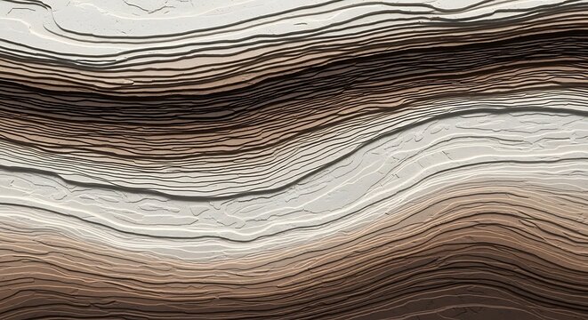 Abstract layered surface with curving lines in shades of brown and white