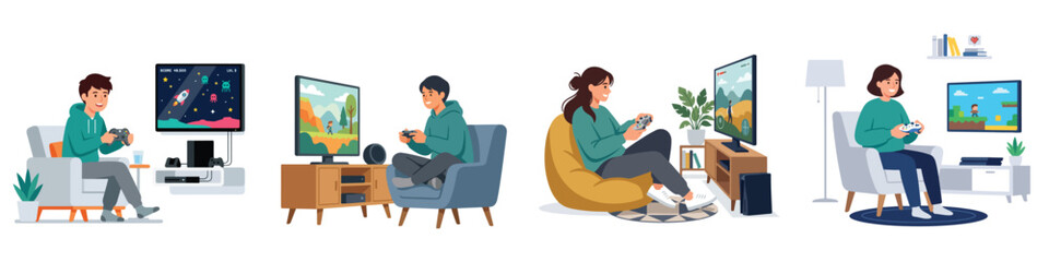 Flat design vector showing a gamer holding a controller, simple modern style, no stroke lines, plain white background © Haris Lost