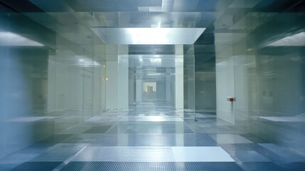 Fototapeta premium Futuristic hallway featuring transparent walls and reflective surfaces, forming a geometric tunnel of light and leading towards an abstract portal within a controlled environment