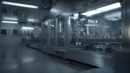 Naklejka premium Industrial automation machinery working on an assembly line inside a pharmaceutical manufacturing cleanroom, ensuring precise production and sterile conditions