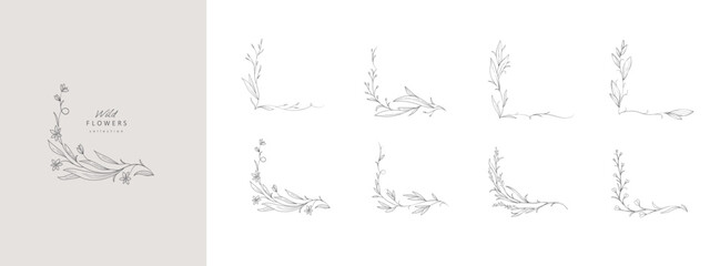 Naklejka premium Set of whimsical drawing various flowers and leaves. Luxury floral collection for wedding invitation, wallpaper art or save the date card. Botanical vector