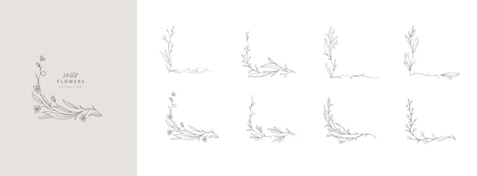 Set of whimsical drawing various flowers and leaves. Luxury floral collection for wedding invitation, wallpaper art or save the date card. Botanical vector