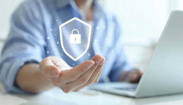 programmer man hand show security system on database with virtual icon dashboard of cyber security for protect and prevent leakage information of company for future technology concept