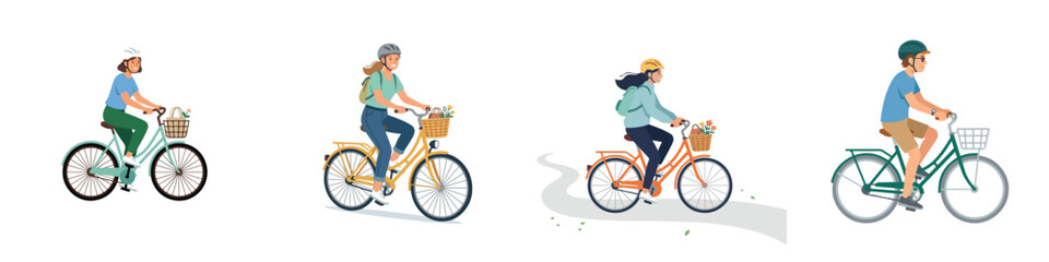 Naklejka premium Flat vector illustration of someone cycling leisurely, minimal dynamic posture, no outline, white background