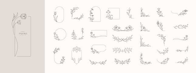 Fototapeta premium Set of calligraphic floral frames and branches. Constructor of floral decoration. Delicate botanical branch in arcs form with flowers and leaves, intricate hand drawn