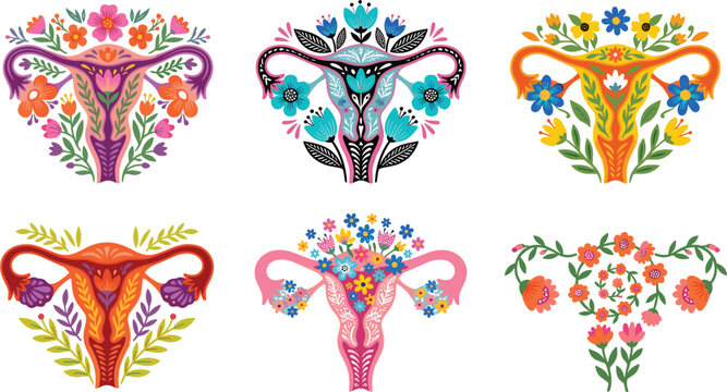 Stylized Uterus Vector Set with Floral and Botanical Designs Featuring Vibrant Flowers and Leaves for Women Health Awareness, Reproductive Education, Feminist Illustrations, and Wellness Art.