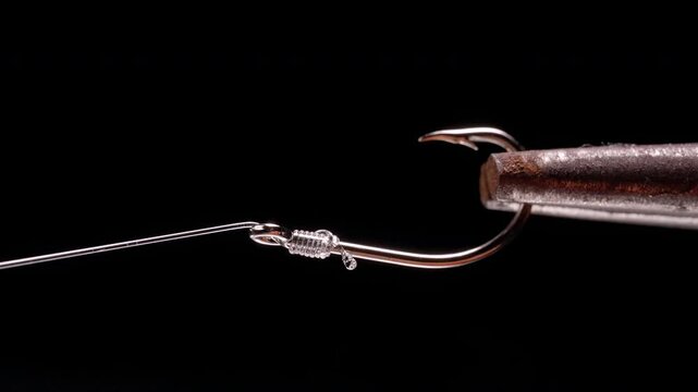 Fishing Line Tip Melted Near Hook Using Heat, Macro Close Up on Black Background with Visible Flame Glow, Slow Motion Knot Securing and End Finishing Technique