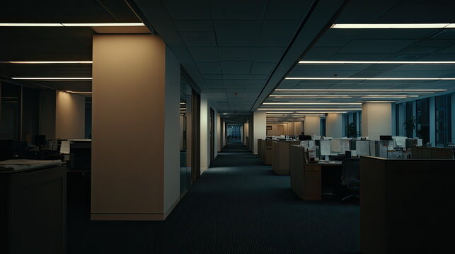 Empty corporate office with rows of cubicles under dim fluorescent light, wide angle view of a vacant open plan workspace evoking silence, solitude and after hours stillness