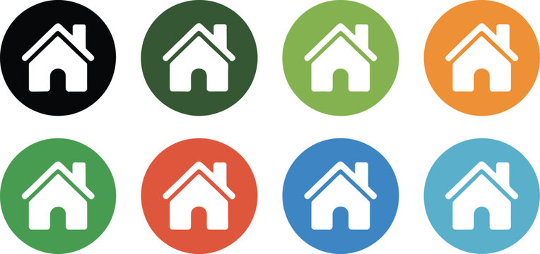 Web home icon set, modern home page navigation icons with house symbol in circular style including outline filled and line art for digital interface design.