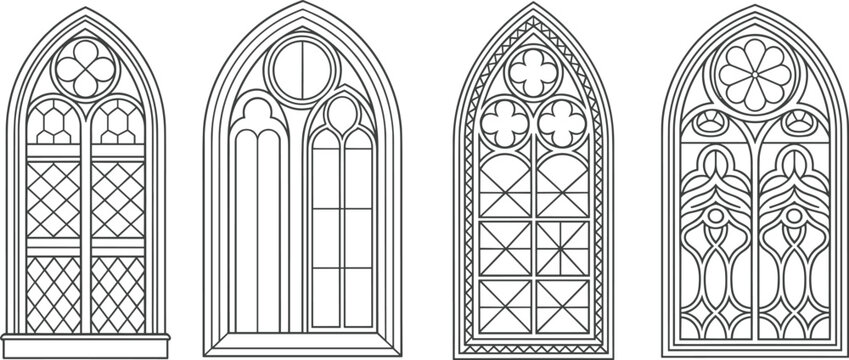 Gothic stained glass windows collection, medieval church architecture frames, decorative vector illustration for historic design