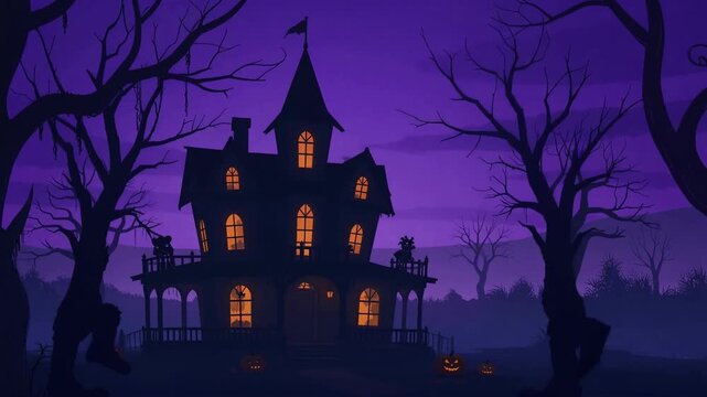 Spooky Haunted House Silhouette Against a Purple Twilight Sky Cinematic Horror Scene