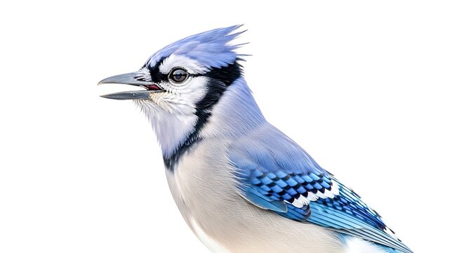 A vibrant blue jay perched with its beak open against a stark white background isolated on white background