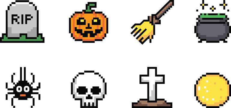 Halloween pixel art icons set, spooky grave pumpkin skull witch elements vector illustration collection