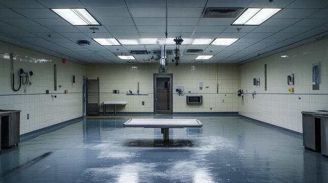 Empty sterile autopsy room with a stainless steel examination table centered against tiled walls, bright fluorescent lighting and cool, clinical, institutional atmosphere