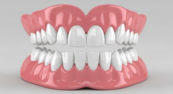 Pink dental model with white teeth on gray background