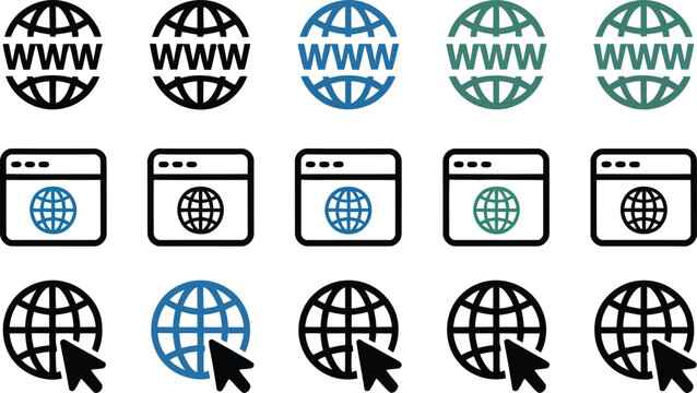 Website browser, window and WWW globe icon set, clean vector illustrations of internet symbols for global communication web browsing and digital network concepts.