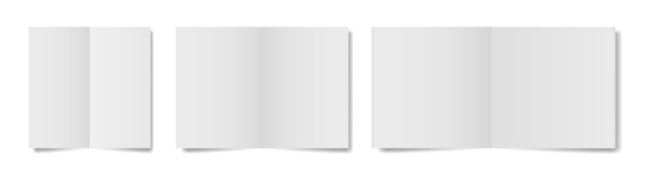 Set of white folded paper sheets. A4, vertical and square pages. Blank booklet. Two panel fold	