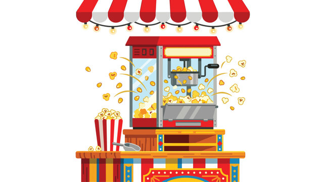 A vintage style popcorn machine topped with a decorative striped red and white fabric awning sits centrally against a stark white studio background for display.