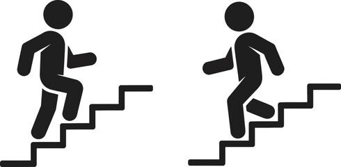 Man Walking Stairs Icon Set, Up and Down Steps Symbols, Progress and Direction Icons, Staircase Movement Vector Illustration, Clean Modern UI Icon Pack for Apps and Web Design ©  