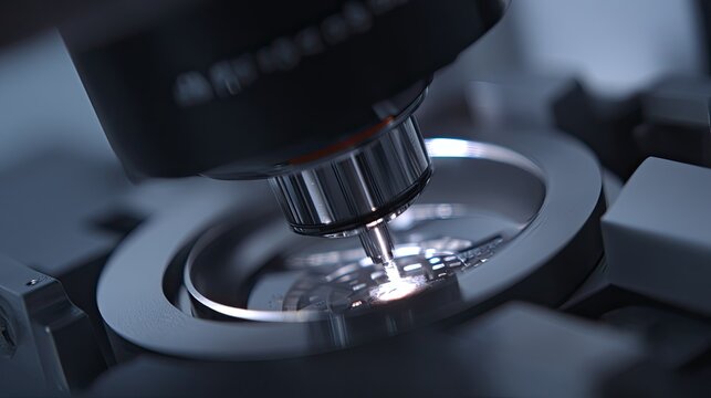 Scientific microscope objective lens focusing on a micro sample, performing research and development with advanced precision instrumentation in a modern laboratory setting