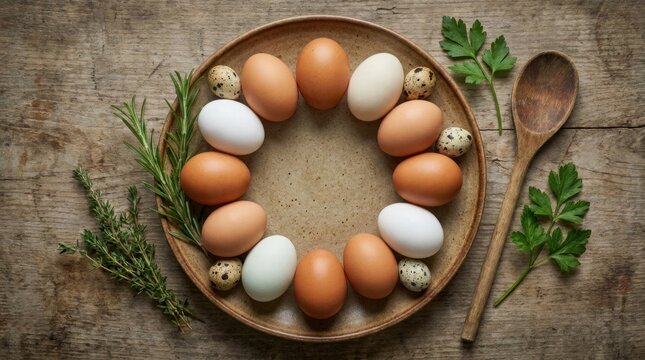 Assortment of fresh eggs arranged in a circle on a wooden surface with herbs and spoon still life assortment arrangement rosemary breakfast scrambled