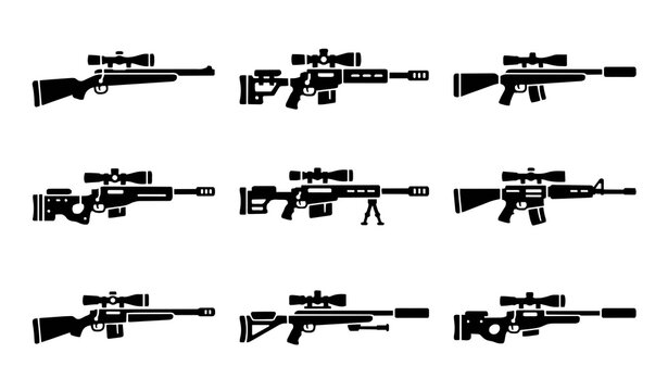 Sniper rifle icon set featuring tactical firearms with scopes bipods silencers and various bolt action and semi automatic weapon silhouettes