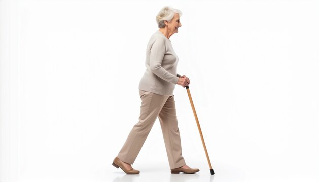 Elderly Woman Walking with Cane Isolated on White Background