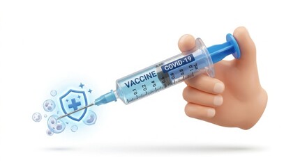 Obraz premium Medical syringe with Covid-19 vaccine held by 3D hand, immune system protection shield icon, coronavirus vaccination and healthcare concept isolated on White Background