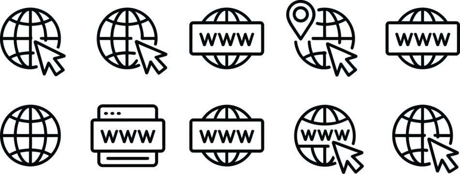WWW, Website WWW icon set, vector isolated symbols on transparent background for web navigation apps and digital interface design.
