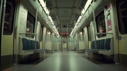 Obraz premium Passenger train car interior appearing deserted during late hours, highlighting themes of urban solitude, silent transit, and journey through a quiet metropolitan environment