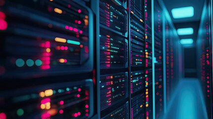 Naklejka premium Server racks with blinking lights fill a data center, representing advanced virtual infrastructure, cloud computing, and big data management in a digital environment
