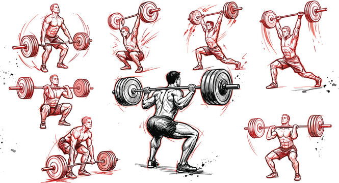 Weightlifting Barbell Exercise Vector Set Featuring Clean and Jerk, Snatch, and Deadlift Poses for Strength Training and Fitness Design