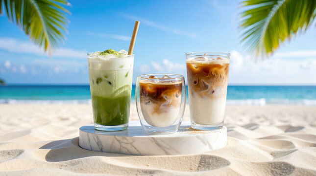 Matcha latte, iced espresso, and iced milk latte are served on marble slabs by the sandy beach with the sea in the background.