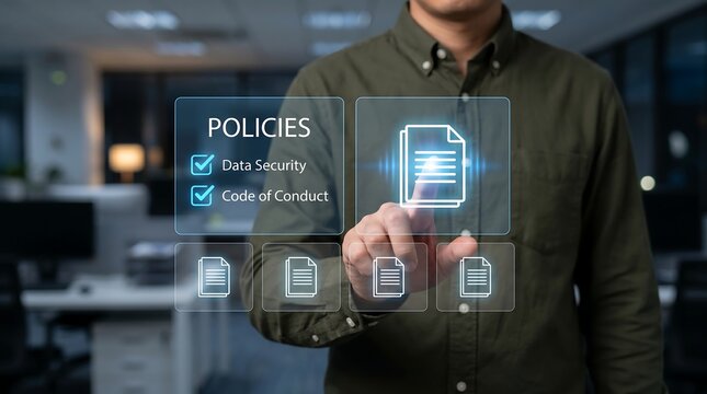 Professional man reviewing data security and code of conduct policies on digital holographic interface for corporate compliance and ethical business standards