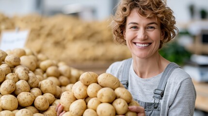 Obraz premium Young woman smiling holding potatoes at produce market