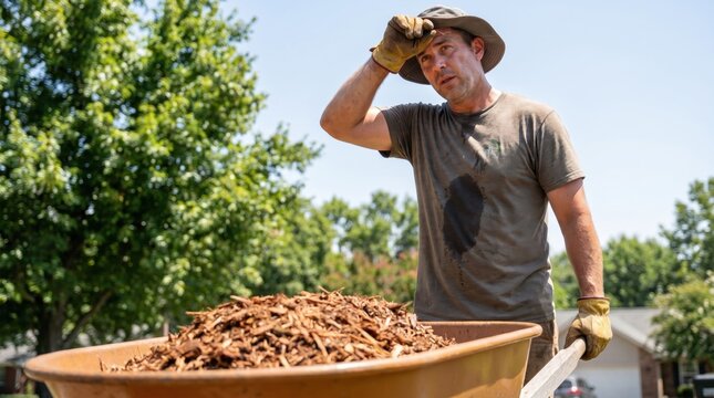 Tired landscaper in a hat wiping sweat while pushing a wheelbarrow full of mulch on a sunny day.
