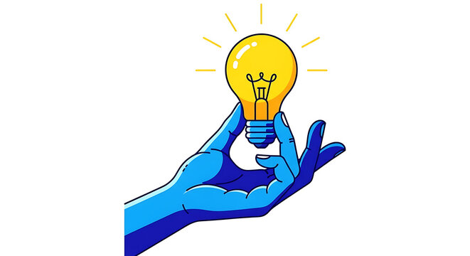 Lightbulb with thought bubbles, blue character, idea concept