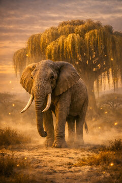 Elefante majestuoso caminando bajo un &aacute;rbol m&iacute;stico dorado al atardecer, ilustraci&oacute;n de fantas&iacute;a.