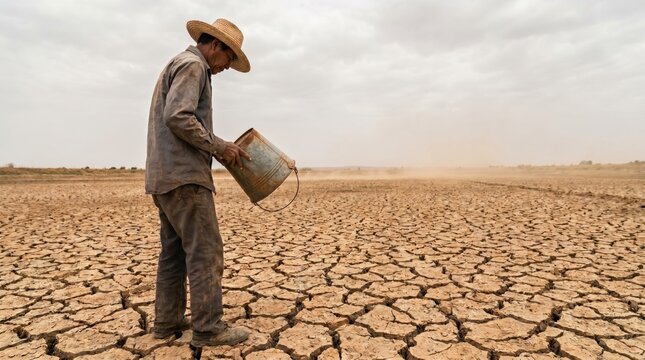A farmer in a straw hat holding an empty bucket while standing on parched cracked earth during a drought.