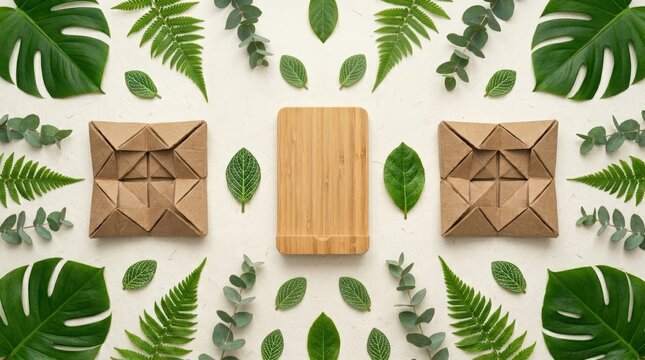 Modular bamboo charging dock with eco - friendly smart plug packaging and green leaves