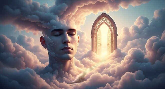 Serene Human Face Resting Among Dreamlike Clouds Near Glowing Archway