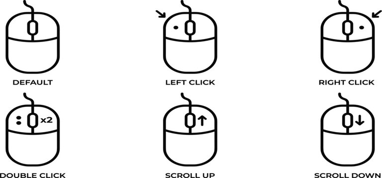 Computer Mouse Action Icon Set Showing Default, Left Click, Right Click, Double Click, Scroll Up, and Scroll Down Functions for User Interface Design