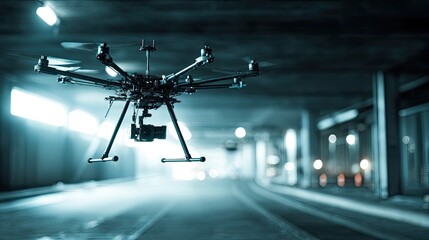 Fototapeta premium Industrial drone with camera flying and monitoring infrastructure in a dark tunnel, providing advanced surveillance, remote inspection, and cinematic footage capabilities