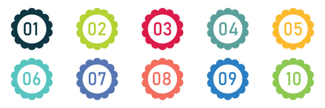 A collection of number labels from one to ten. colorful number labels for queue numbers, steps, and other design needs. Vector Illustration . EPS 10 .