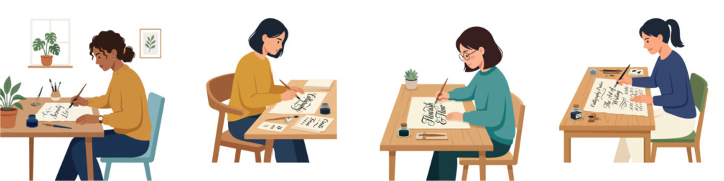 Diverse group of women engaged in the artistic practice of calligraphy and lettering, showcasing focus and dedication to creative handwriting skills